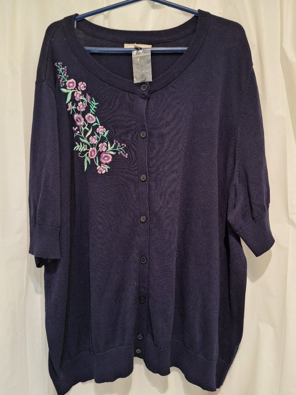 3XL Navy Summer Sweater; Woman Within, short sleeves, embroidery feature